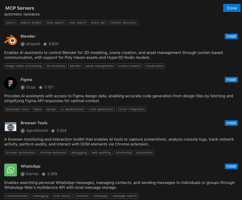 Cline MCP Server Liste mit GitHub Sternen